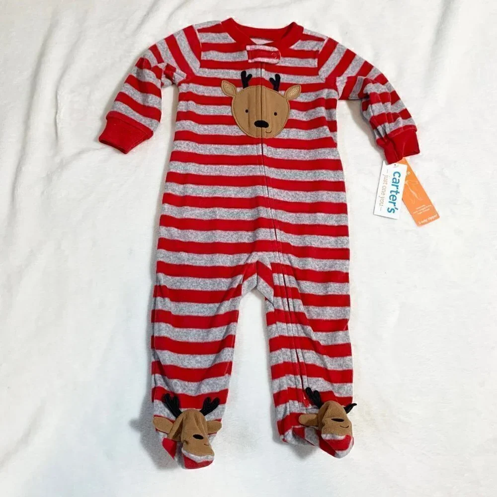 5/$25 NEW Carter's 6m Red Grey‎ Stripe Reindeer Fleece Footed Pajamas Sleeper